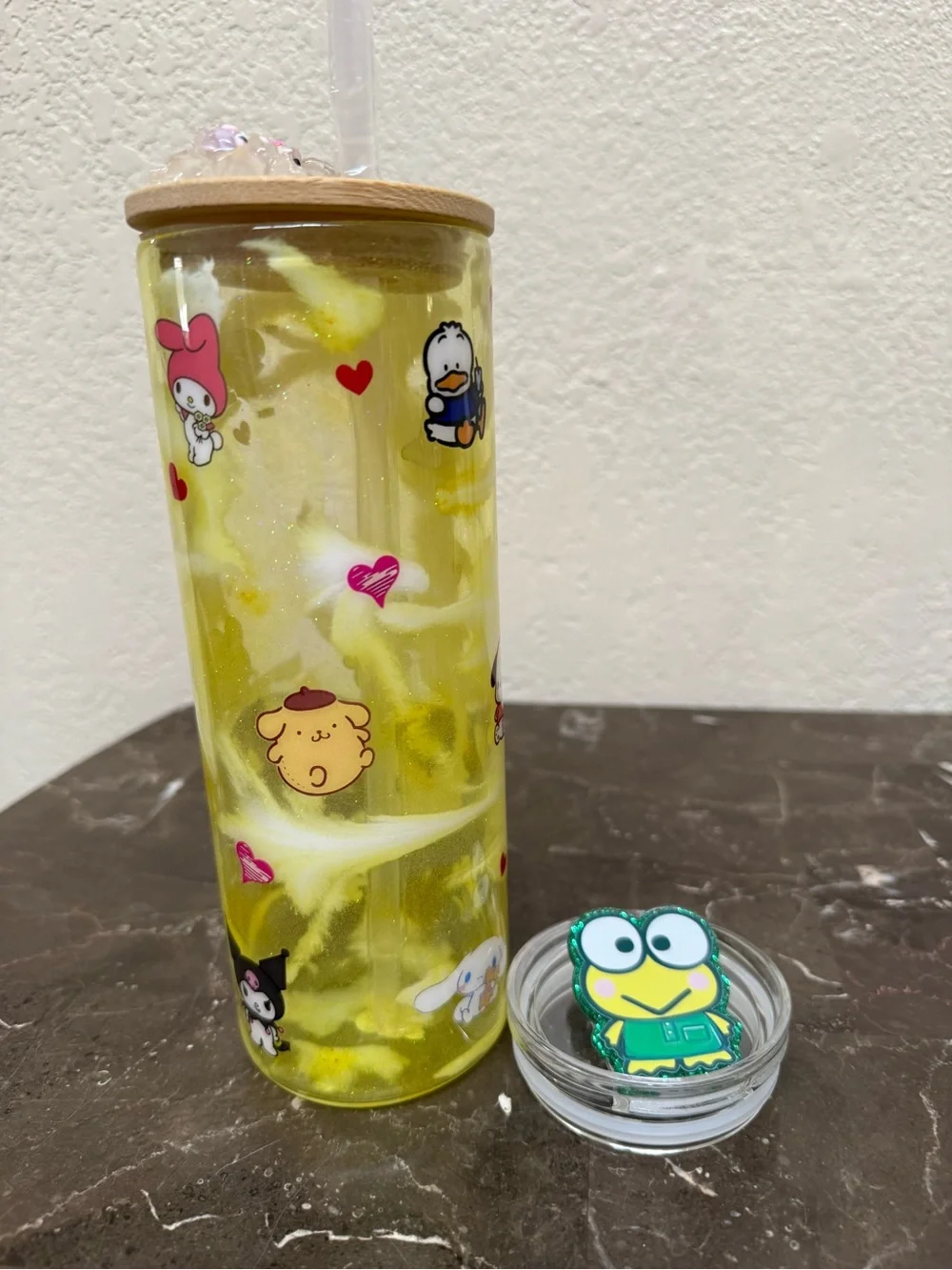 Sanrio Characters 20 oz Skinny Glass Glow Cup with Extra Lid Handmade